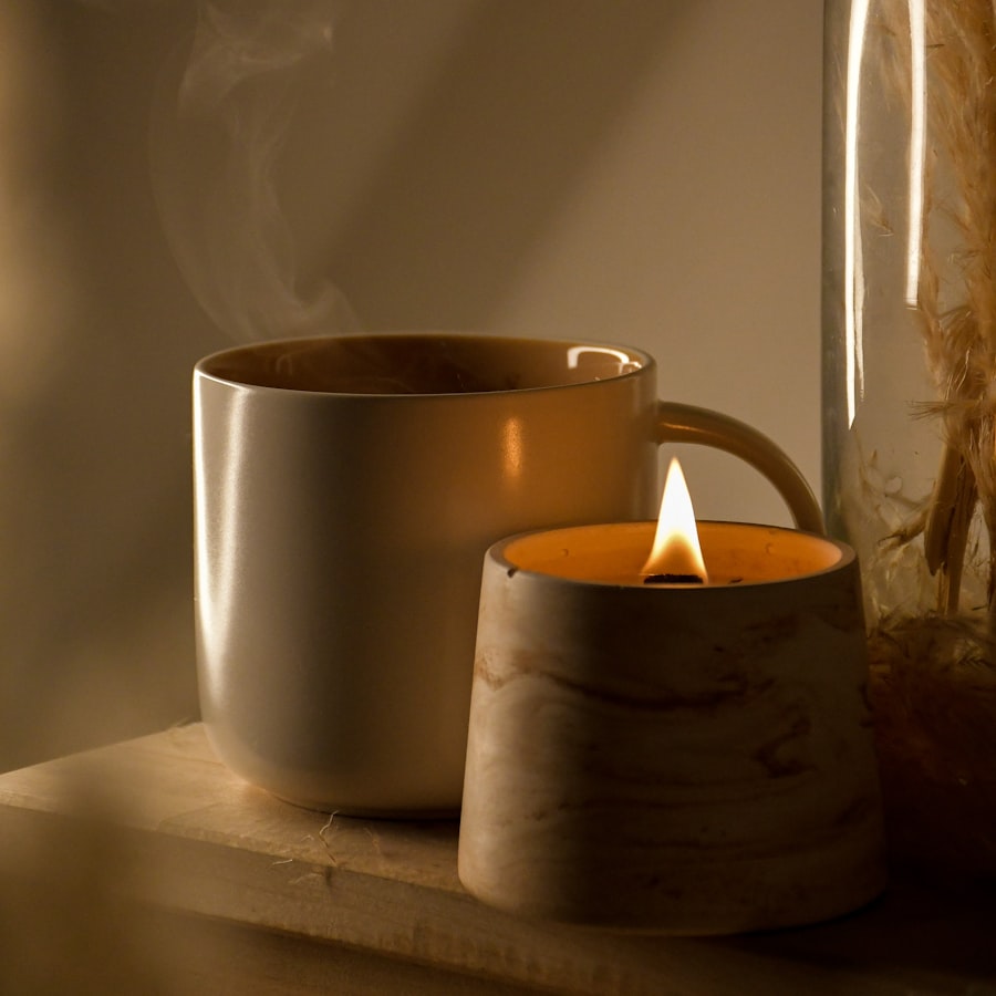 A hand-poured candle glowing in a warm, calm interior